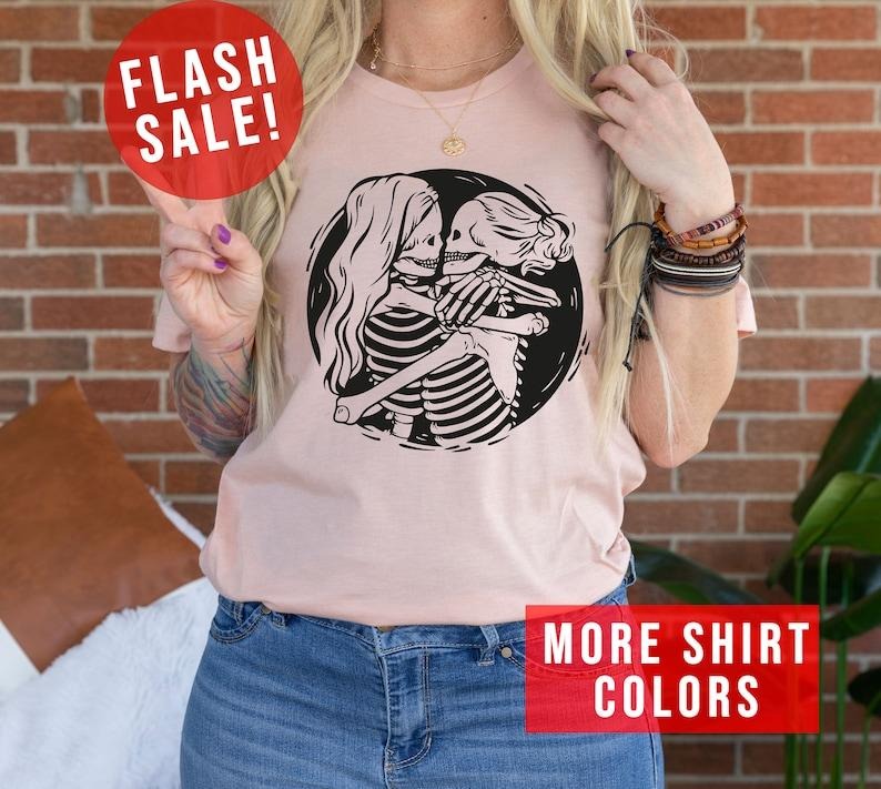 Aesthetic Skeleton Lesbian Couple T-Shirt, Queer Love Apparel, Lesbian Bridal Party Outfit, Cute Gay Valentine Gift, Hugging Skeletons Shirt Hoodie, T-shirt and sweater