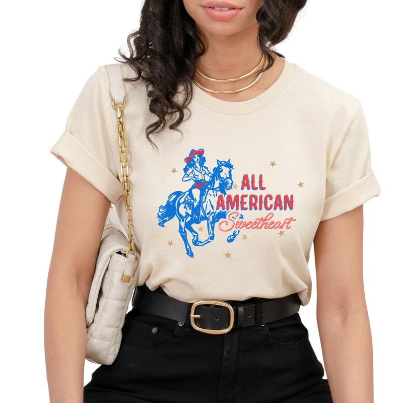 All American Sweetheart T-Shirts, Fourth Of July Shirt, Trendy July 4th T-Shirt, July Fourth Cowgirl Shirt, Western Graphic Tee