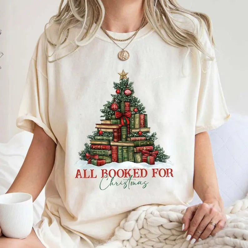 All Booked for Christmas Shirt, Skeleton Bookish Shirt, Chirtsmas Book Shirt for Book Lover, Book Club Shirt, Librarian Gift Casual Shortsleeve
