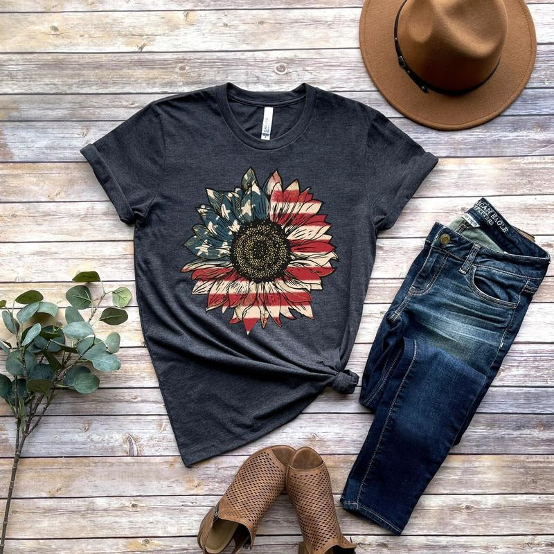 America 4th Of July Sunflower Shirt Usa Flag Flower T Shirt Gift For American 4th Of July Flag Graphic T-shirt Freedom Tshirt Independence Shirt T-shirt, sweater and Hoodie