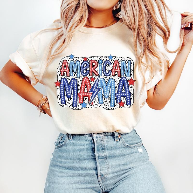America Mama T-Shirt, 4th of July T-Shirt, Bright Doodle, Dalmatian Dots,Independence Day,Mom Shirt Design,USA Flag T-Shirt,Freedom, 1776 T-Shirt