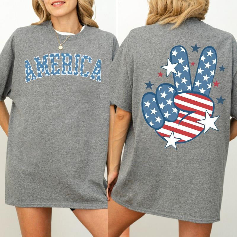 America Peace Sign T-shirt - Bold Stars & Stripes Hand Graphic Patriotic 4th of July Streetwear Style Women's Tops Summer Wear