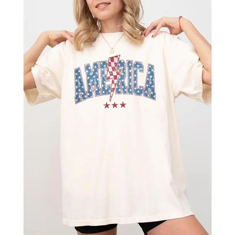 America, Retro, Lightening Bolt, USA, Patriotic, Independence Day, Fourth Of July, 4th Of July Tshirt, Women's, Comfort Colors Tee, Patriotic, Independence Day, Fourth of July, 4th of July, America, USA, shirt hot tiktok trend 2024
