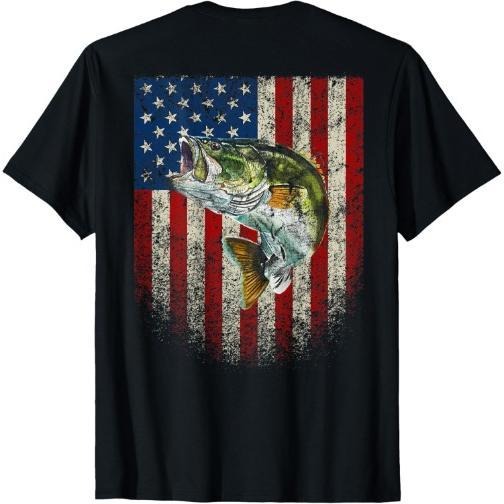 American Flag Bass Fish Fishing T-Shirt Made in USA