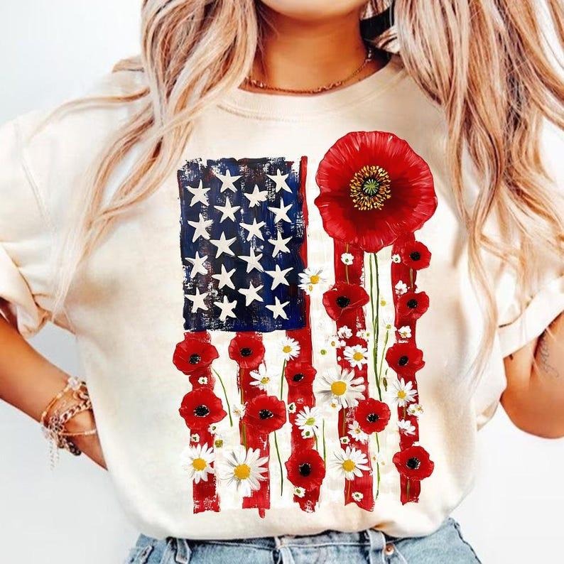 American Flag Floral tshirt, 4th of July t-shirt, Memorial t-shirt, floral America USA t-shirt, Patriotic sweatshirt, Girly t-shirt, USA t-shirt, 4th Of July Sublimation