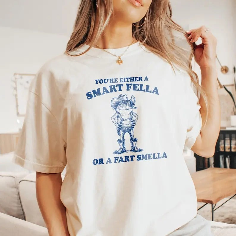 Are You A Smart Fella Or Fart Smella? Retro Cartoon Tshirt, Weird Shirt, Meme T-Shirt, Panda TShirt, Unisex, Funny Frog Top Womenswear Streetwear