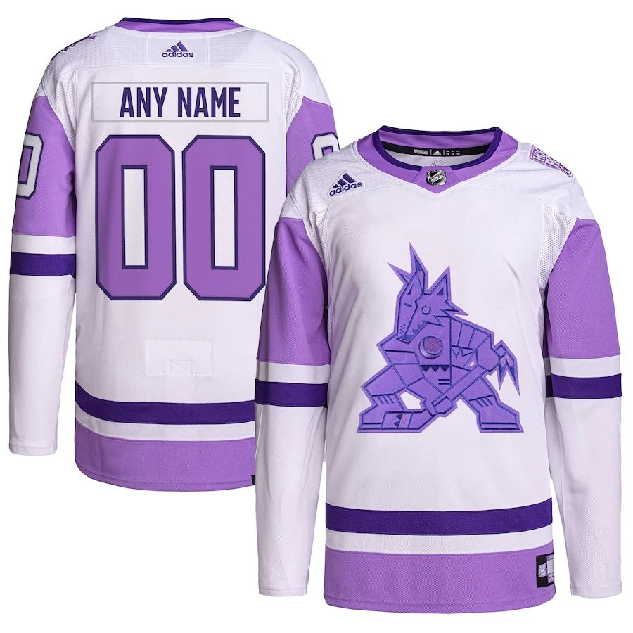 Arizona Coyotes adidas Hockey Fights Cancer Primegreen Authentic Custom Jersey - White Purple.webp