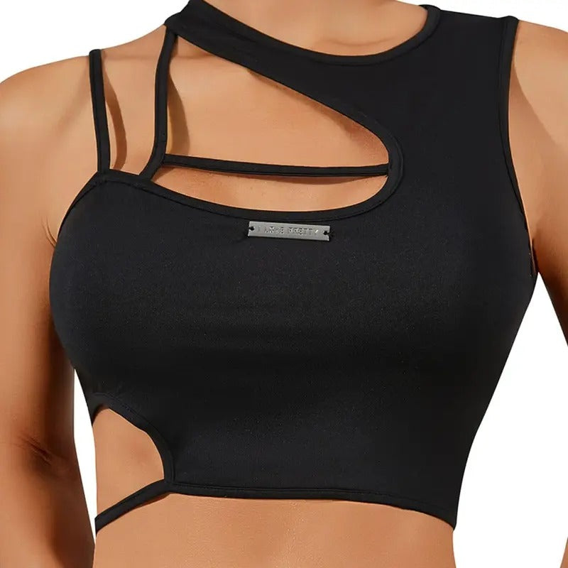 Asymmetrical Neck Sleeveless Cut Out Cami Crop Tank Top