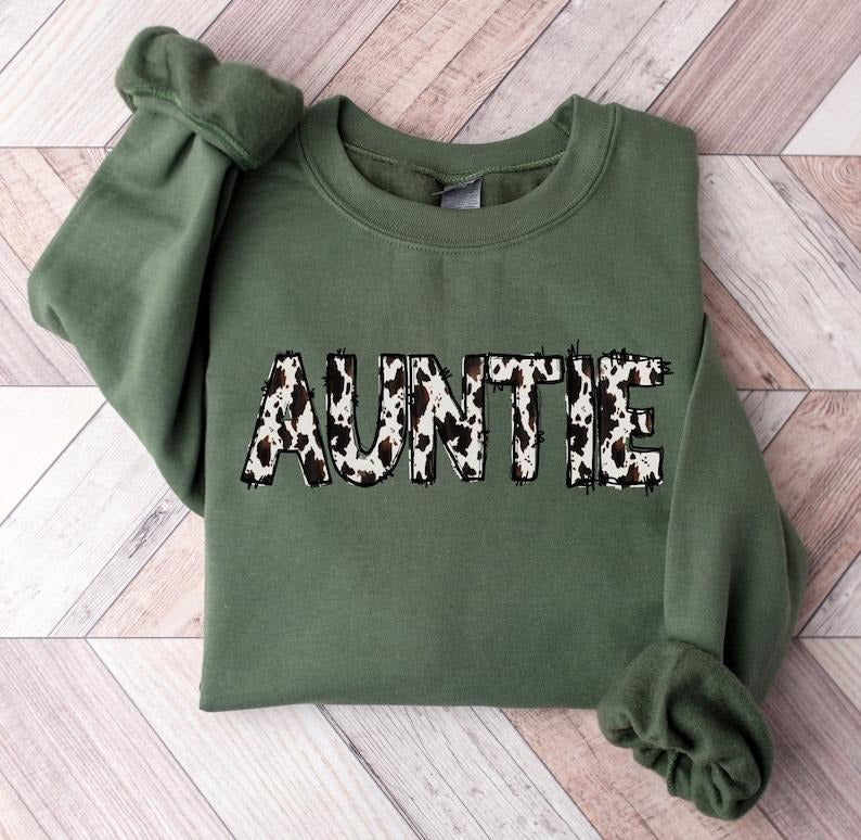 Auntie Sweatshirt, Buffalo Plaid Auntie Sweatshirt, Cow Pattern Auntie Hoodie, Western Aunt Hoodie and Sweater; T-shirt...