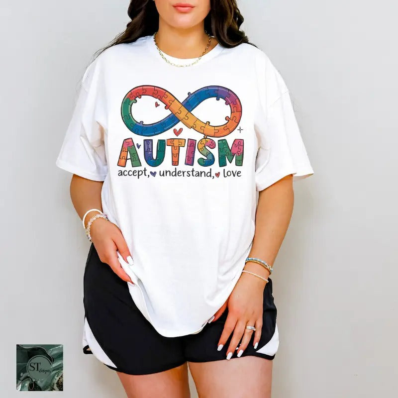 Autism Accept Understand Love Infinity White 100% Ring spun Cotton T-Shirt Unisex Fit