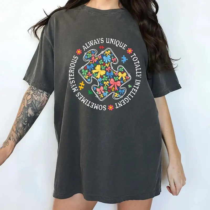 Autism Awareness Comfort Colors Shirt, Coquette Bow Neurodiversity T-shirt, Always Unique Intelligent Mysterious Shirt, Inspirational Clothing