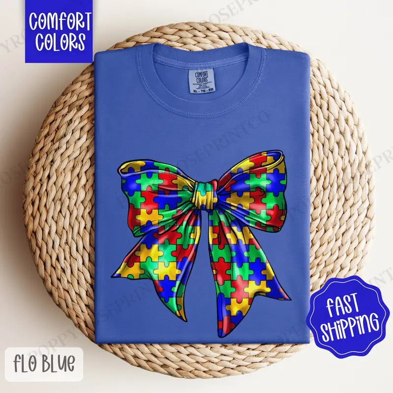 Autism Bow Shirt Comfort Colors, Women's Autism Awareness Tee, Cute Women's Tshirt