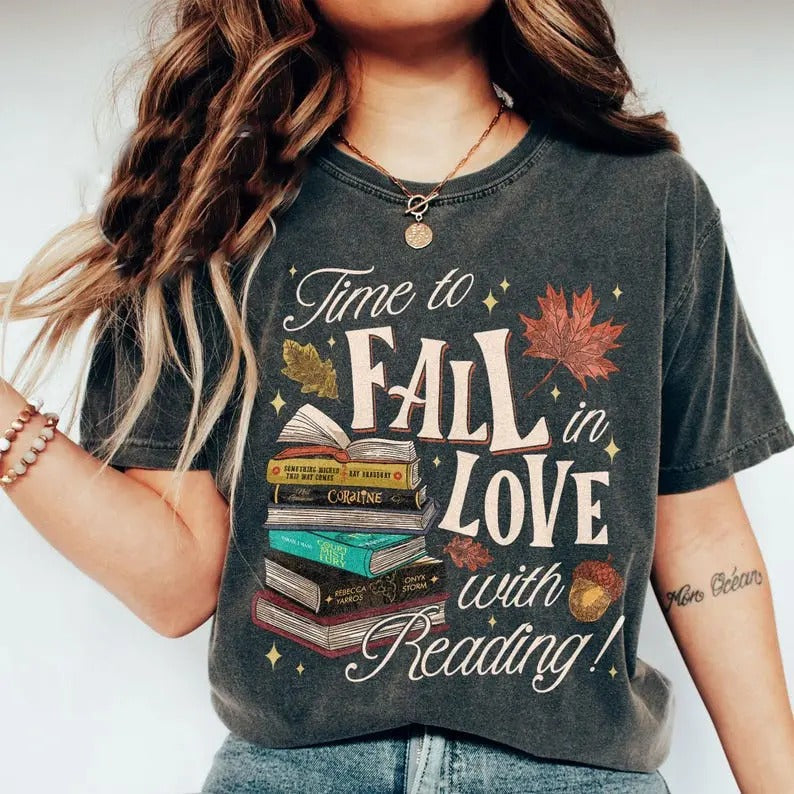 Autumn Books Shirt, Time To Fall In Love With Reading T-Shirt, Fall Shirts For Book Lover, Halloween Gift T-shirt Cotton...