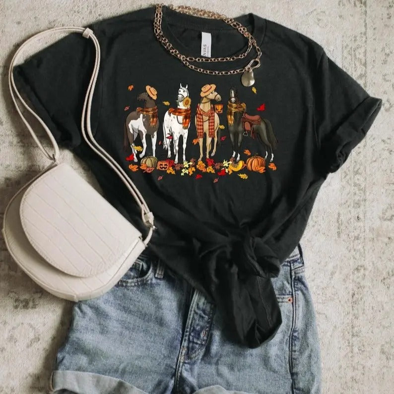 Autumn Horse tshirt, Horse Crewneck Sweater, Horse Lover Gift, Fall Graphic Tee, Farm Animal Shirt, Fall Horse tshirt,Horse Pullover Cotton Shortsleeve