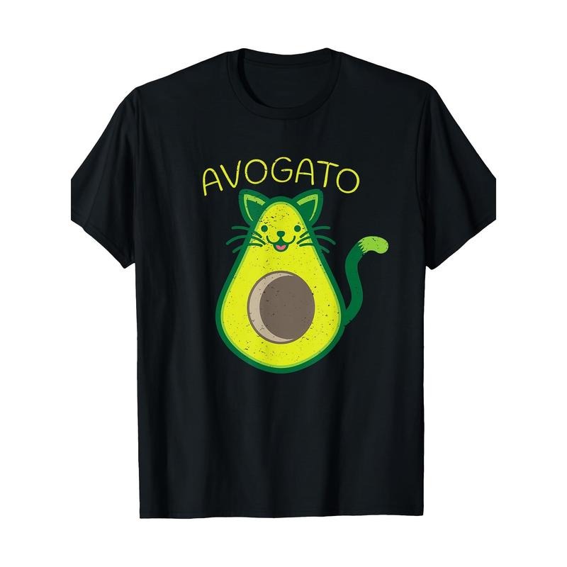 Avogato Avocado Cat Graphic Tee - 100% Cotton, Soft & Breathable, Short Sleeve Crew Neck T-Shirt for Men Made in USA