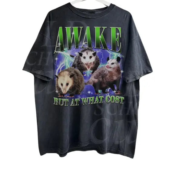 Awake But At What Cost Vintage Graphic T-Shirt, Retro Funny Possum Bootleg T Shirt, Vintage Opossum T Shirt, Funny Gag Shirt, Unisex Shirt Menswear Top Underwear Man Tshirt Streetwear