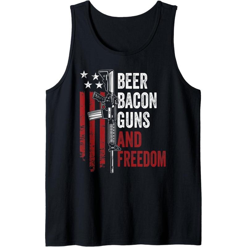 BEER BACON GUNS & FREEDOM - Funny BBQ Gun USA Flag Drinking Tank Top