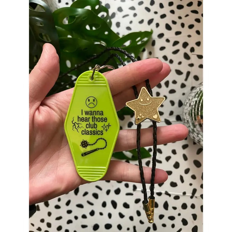 BRAT Holiday Bundle Set, nein green keychain and gold glitter bolo tie, jewelry necklace enamel