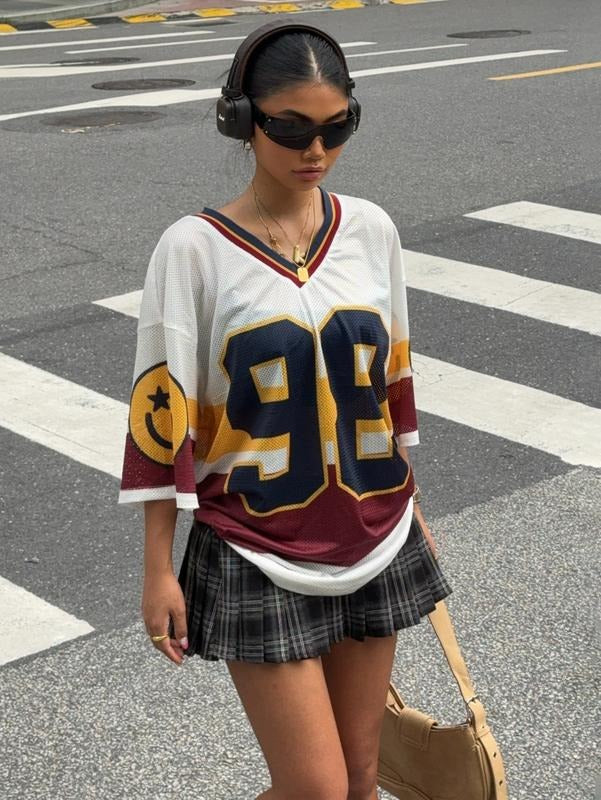 Back to School Number Print Y2K Jersey Shirts V Neck Half Sleeve Colorblock Tees Casual Drop Shoulder Tops