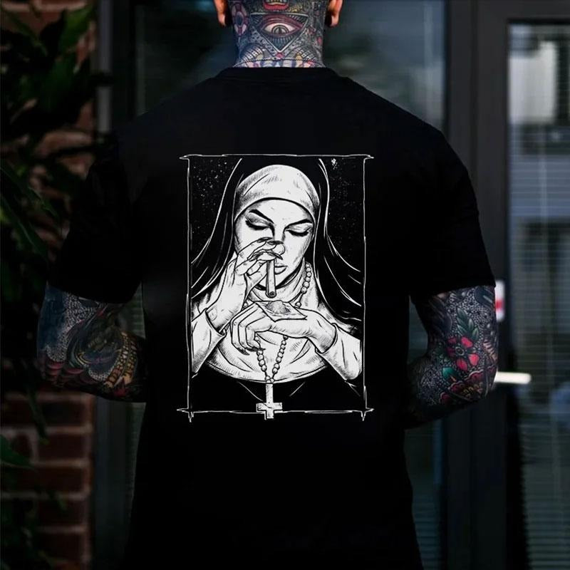 Bad Religious Nun Graphic Casual Back Side Print T-shirt - Sweatshirt