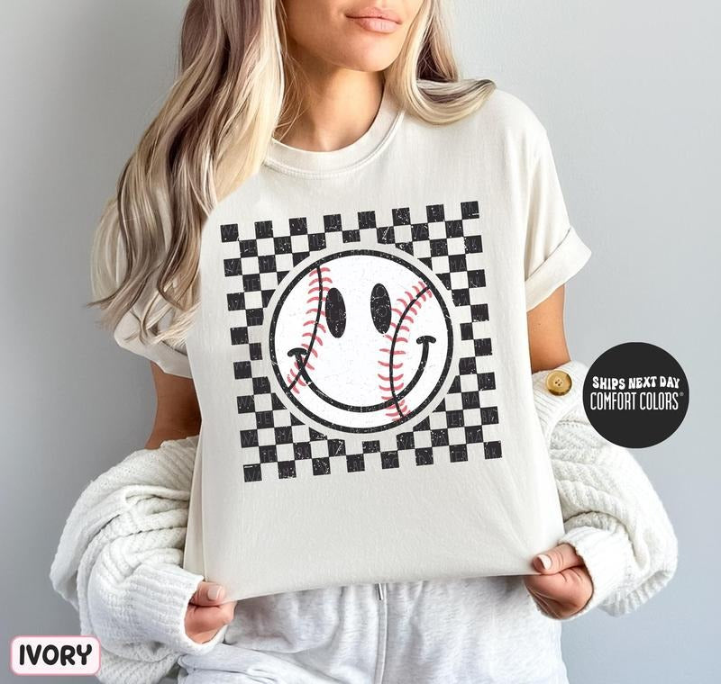 Baseball Shirt Happy Face Checkered Shirt Retro Baseball Game Day Shirt Baseball Mom;shirt Baseball Fan Shirt Baseball Gift T-shirt, sweater and Hoodie