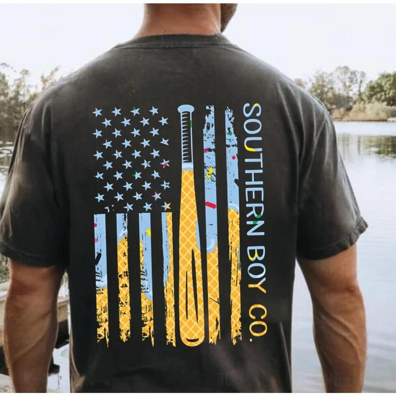 Baseball Ice Cream Bat Flag Tee, Short Sleeve Shirt, Fun Baseball Graphic, Stylish Fan Apparel LZDC5