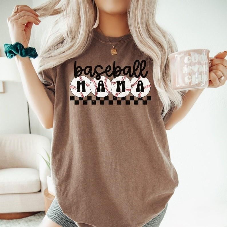Baseball Mama Tshirt, Checkered Mama Shirt, Mothers Day Gift, Sports Mom Shirt, Cute Mom Shirt, Baseball Mom Top Womenswear Casual Summer