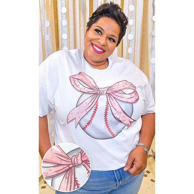 Baseball Pink Bow Rhinestone Graphic Shirt