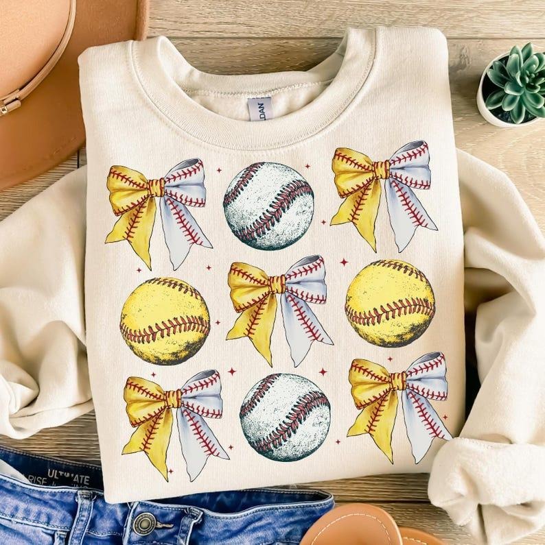 Baseball Softball Bow Sweatshirt Retro Sports Coquette Baseball Softball Mama Game Day