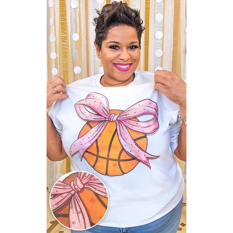 Basketball Pink Bow Rhinestone Graphic Shirt