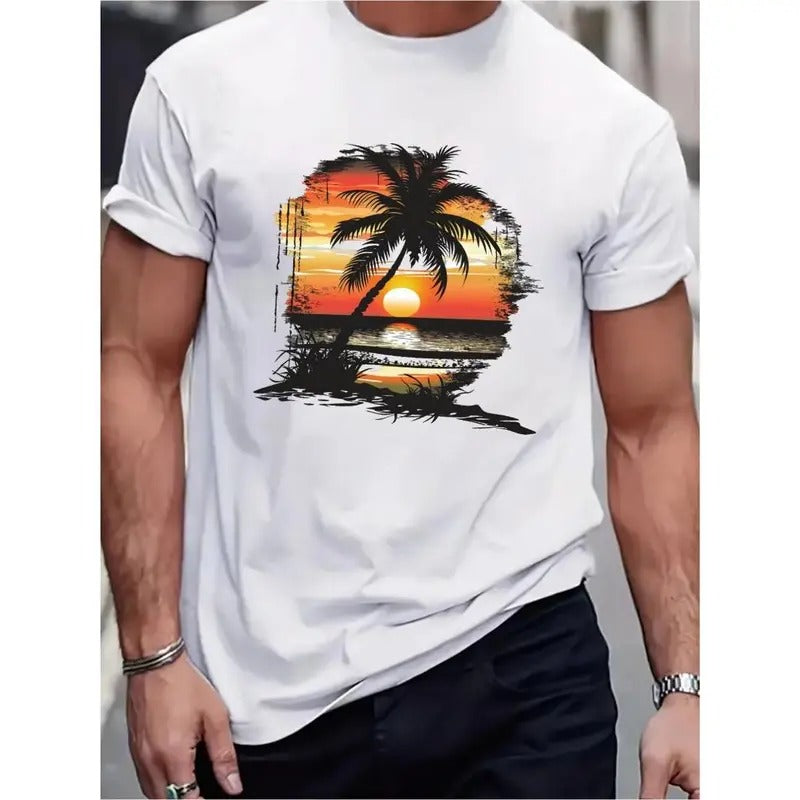 Beach Sunset Palm printed crew neck men's T-shirt, casual short-sleeved top, summer daily wear men's clothing Made in USA