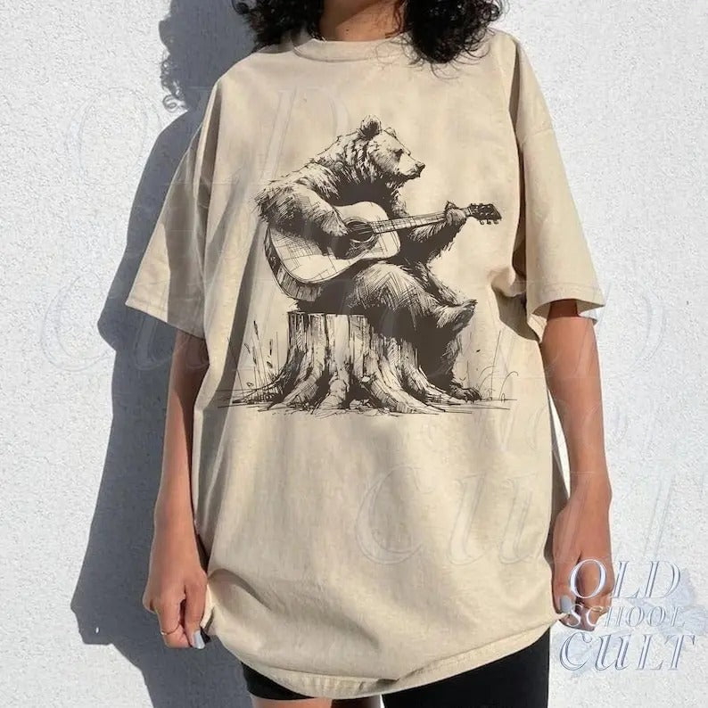 Bear Playing Guitar Retro Shirt, Vintage Funny Animal Shirt, Music Shirt, Bear Lovers Gift, Mens Oversized Cotton Tee,Cute Funny Guitar Gift