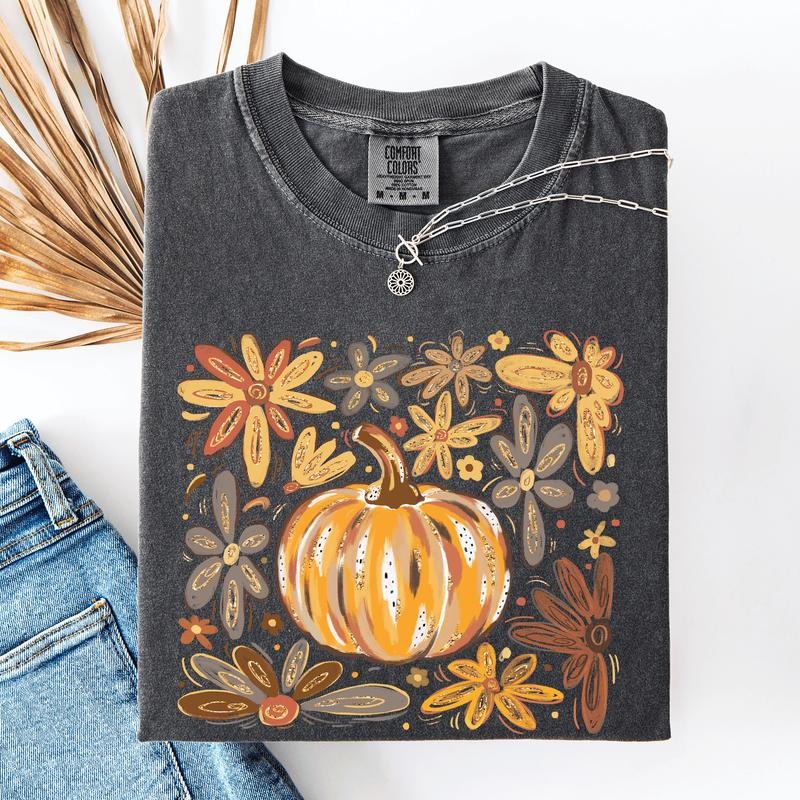 Beautiful Pumpkin Autumn Flowers, Fall, Floral, Watercolor, Comfort Colors T-Shirt Hoodie, Sweatshirt | WearSparks.com