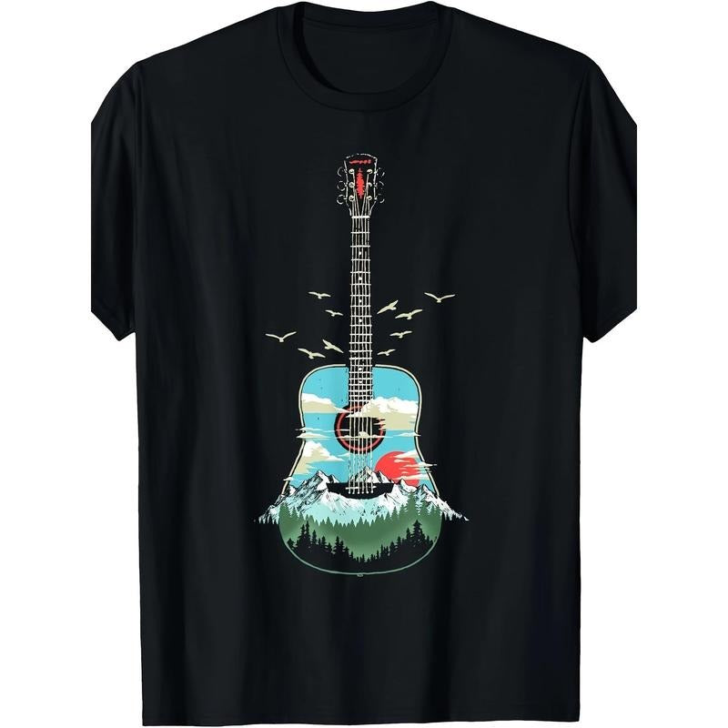 Beautiful acoustic guitar Mountain Forest and nature graphic T-shirt Made in USA