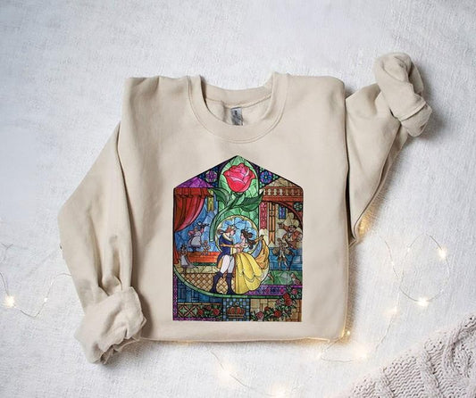 Beauty & The Beast Stained Glass Rose Graphic Retro Shirt, Belle Beast Tee, Vacation Holiday Gift, Family trip Shirt