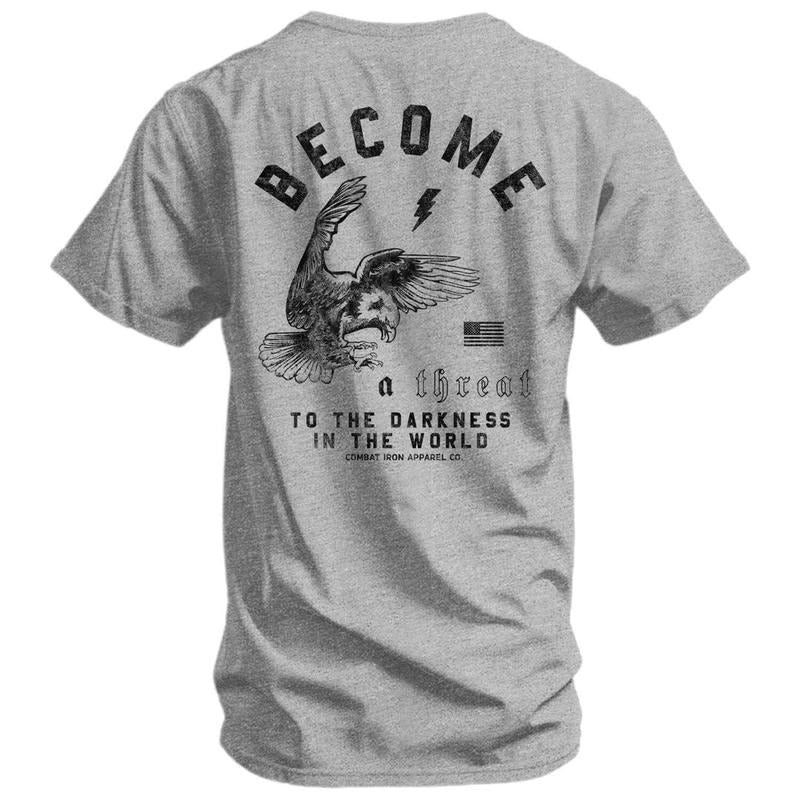 Become A Threat To The Darkness Men's T-Shirt, Funny Adult Shirt, For Gift. Crewneck Cotton