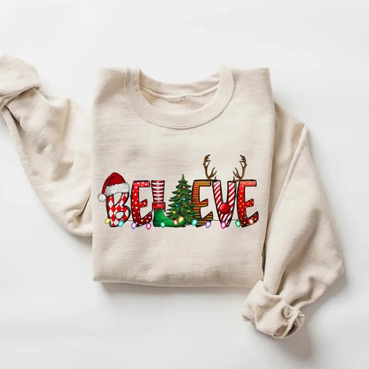 Believe Christmas Sweatshirt, Christmas Sweater, Christmas Tree Sweater, Christmas Lights Shirt, Winter Holiday Shirt, Xmas Christmas Shirt, Believe Christmas Shirt, Christmas Gift Shirt