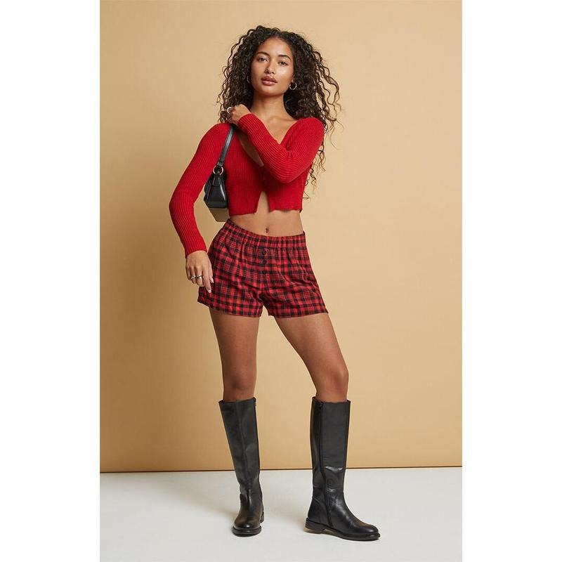 Beverly and Beck Women's Red Plaid Boxer Shorts T-Shirts, Hoodie, Sweatshirt | WearSparks.com