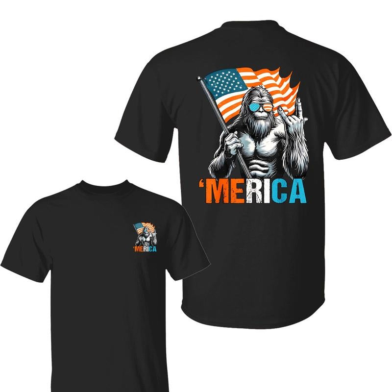 Bigfoot Merica Rock American Flag Patriotic 4th Of July T-Shirt, Outfits Summer Tee Gift For BF Men's Short Sleeve Cotton Menswear Womenswear