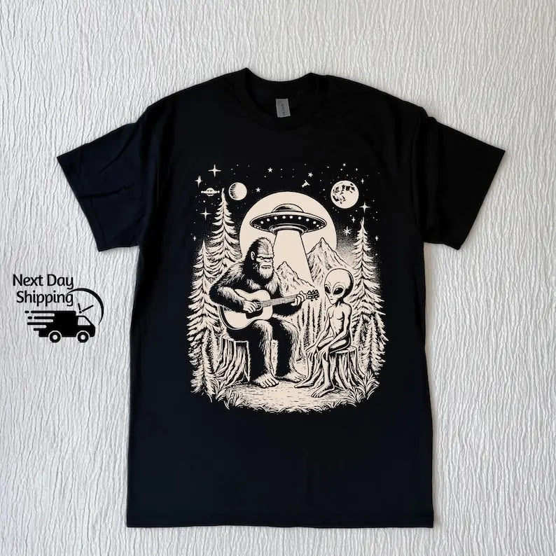 Bigfoot Playing Guitar With Alien And UFO Vintage 90s Tshirt, Funny Bigfoot And UFO Tshirt, Vintage Washed Distressed Shirt, Top Womenswear