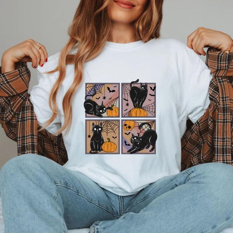Black Cat Pumpkin Halloween Tshirt Sweatshirt, Fall Boho Halloween Sweatshirt, Halloween Bat And Cat Tee, Pumpkin Season Party Gifts, Unique Gifts