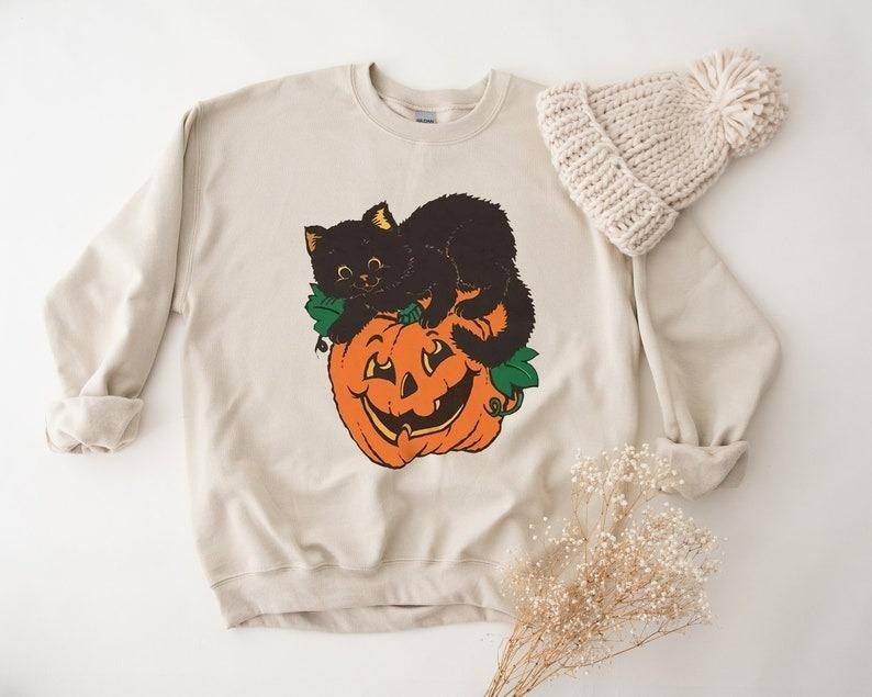 Black Cat Pumpkin Sweatshirt, Fall Sweatshirt, Halloween Sweatshirt, Black Cat Halloween Hoodies, Vintage Halloween Sweatshirt and Hoodie, Halloween Nostalgia Sweatshirt, Halloween 2024 Sweatshirt