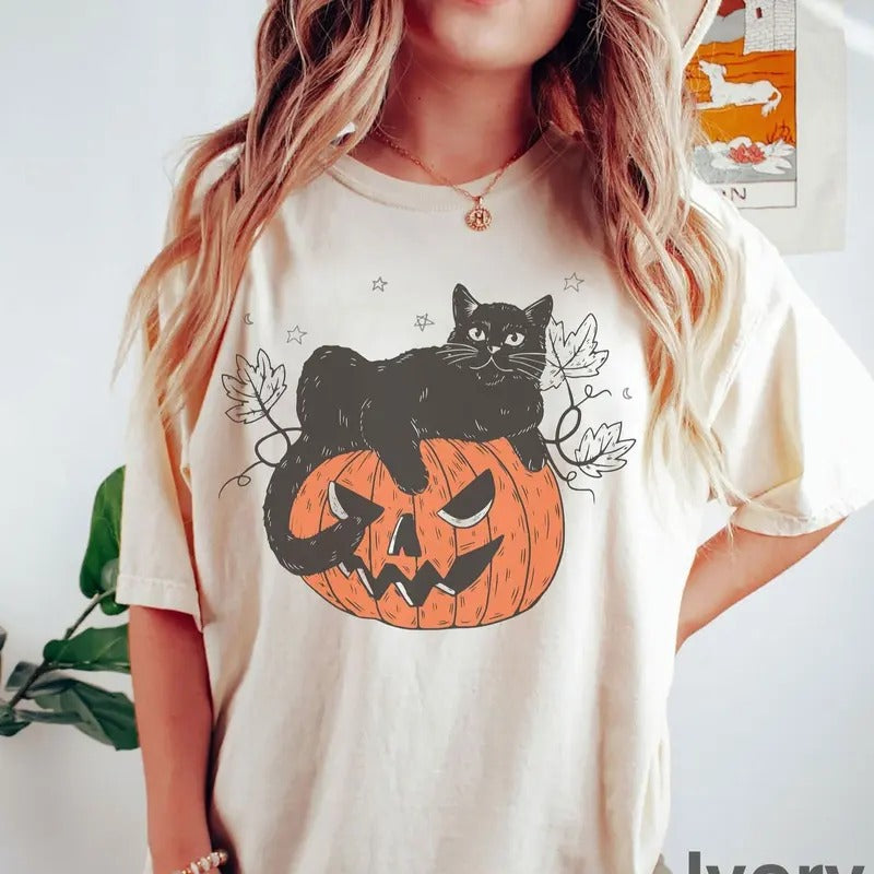Black Cat on Pumpkin shirt, shirt for fall, Black Cat t-shirt, Halloween Black Cat Design, Fall Shirt