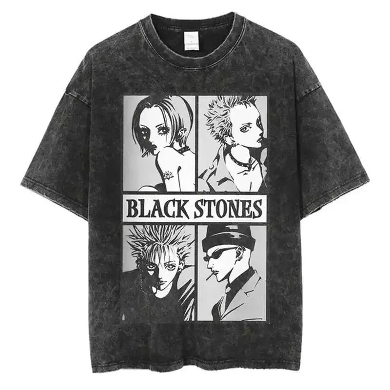Black Stones Shirt Japanese Anime Nana Osaki Print Vintage Washed Tshirt Harajuku Streetwear Graphic