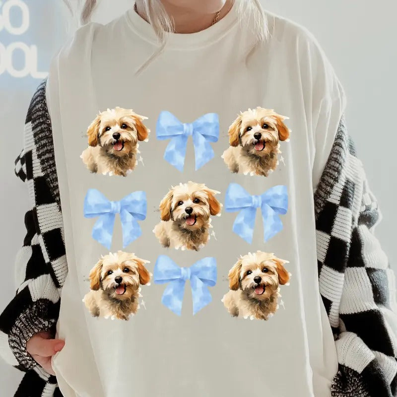 Blonde Maltipoo with bows Shirt~ Unisex Apparel Relaxed Fit Printed In The USA Clothing Womenswear Casual Comfort Cotton Top Athletic Boho Chic