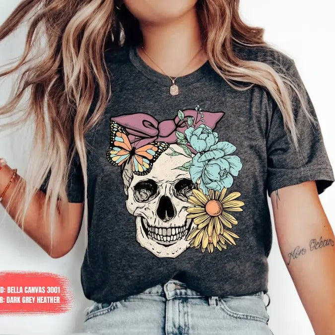 Bloom Skull Shirt, Halloween Shirt, Floral Skull Boho Graphic Tee, Womens Fall Shirt, Flower Skull Skeleton TShirt,...