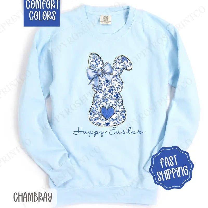 Blue Chinoiserie Bunny Comfort Colors Sweatshirt, Cute Easter Women's Crewneck, Trendy Bunny Women's Sweater, Gift for Her