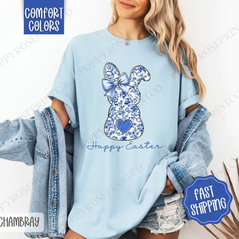 Blue Chinoiserie Bunny Shirt Comfort Colors, Easter Tshirt, Trendy Bunny Women's Tee, Gift for Her