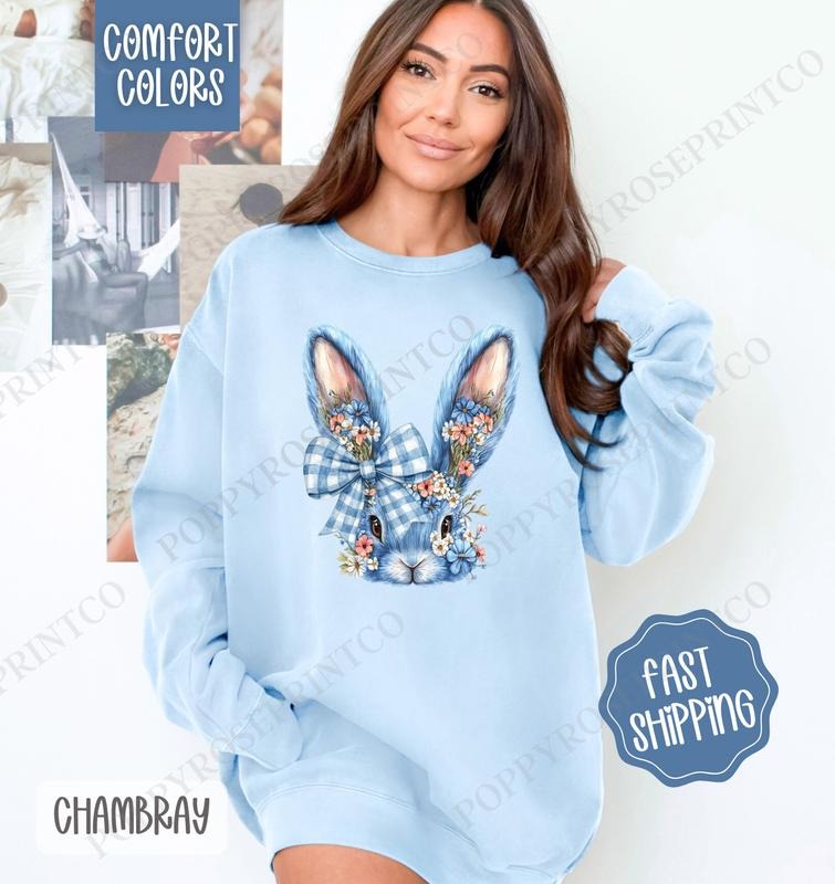 Blue Floral Bunny Comfort Colors Sweatshirt, Cute Easter Women's Crewneck, Trendy Bunny Women's Sweater, Gift for Her