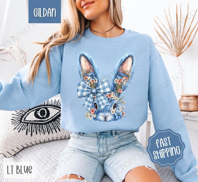 Blue Floral Bunny Sweatshirt, Easter Crewneck, Trendy Bunny Women's Sweater, Gift for Her